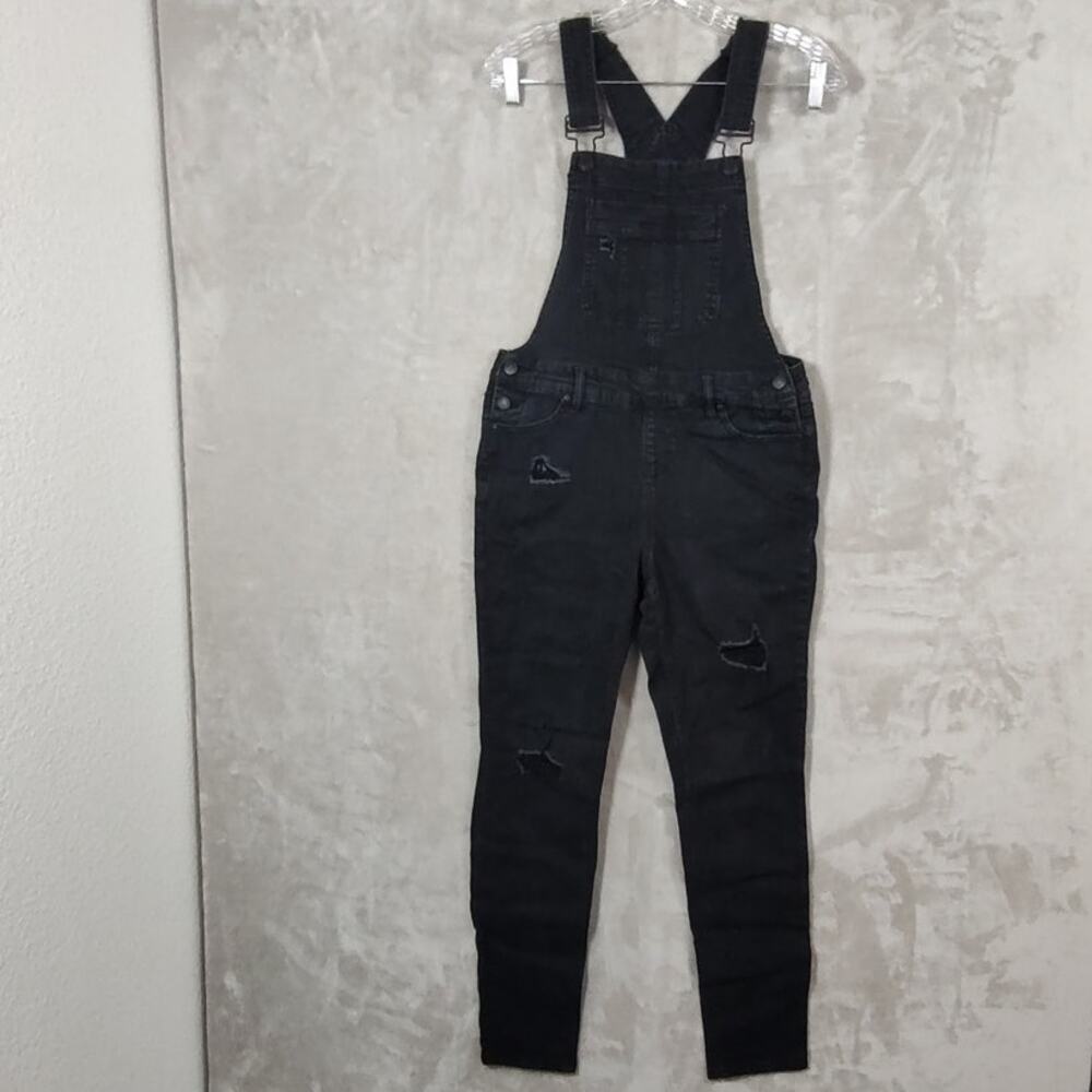 Blue Spice Black Denim Skinny Overalls Size 5 Distressed Holes & Ripped Stretch